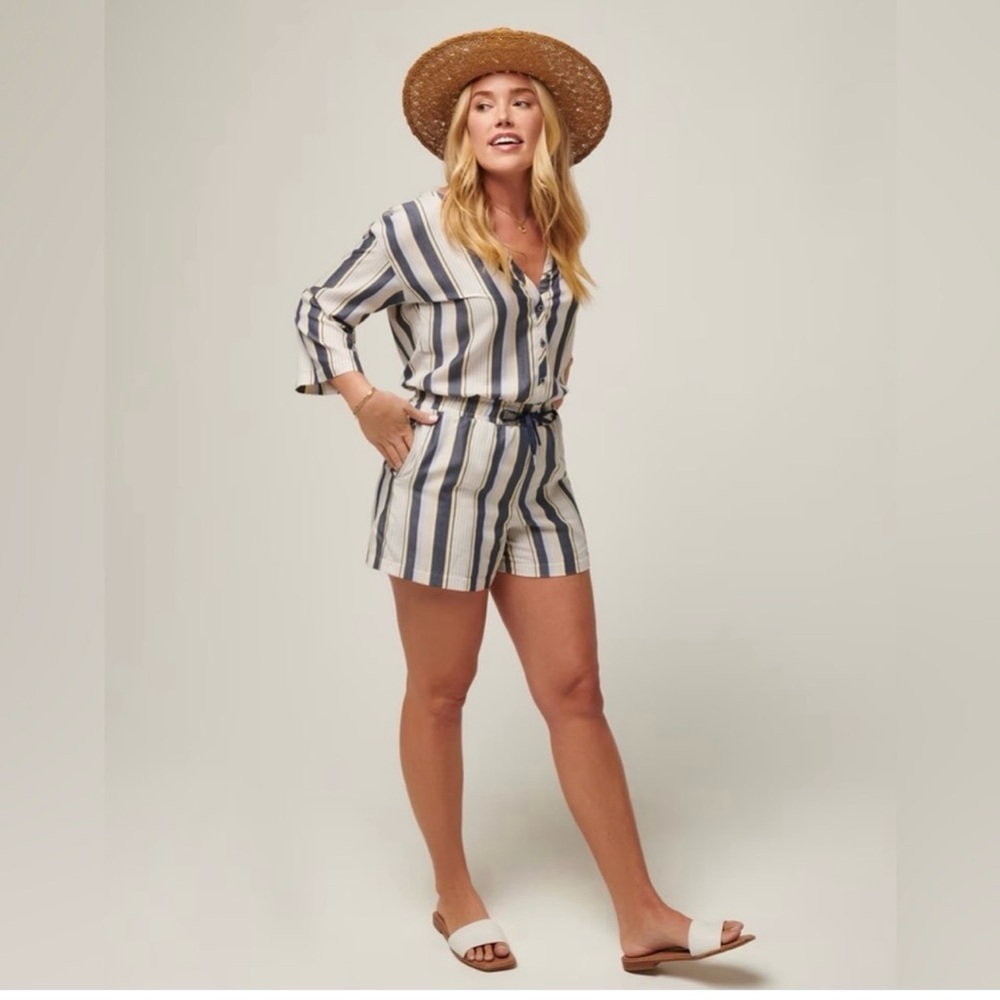 Travis Mathew Lucky Loo Twill Tie Waist Romper Striped NWT